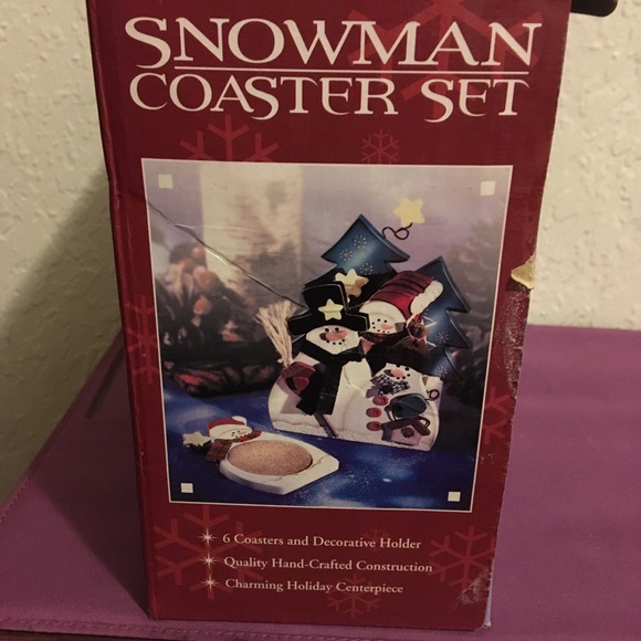 SNOWMAN COASTER SET 6 Wooden Cork Coasters Holder w/fabric scarfs, hats & bows - Picture 10 of 10